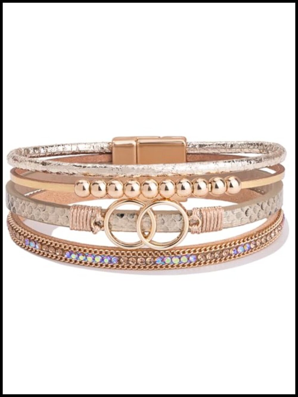 Chunky Boho Leather Wrap Bracelet Set with Beads Infinity Charm Magnetic Clasp